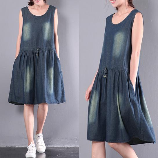 original design blue cotton dresses loose drawstring sundress sleeveless casual dress - Omychic