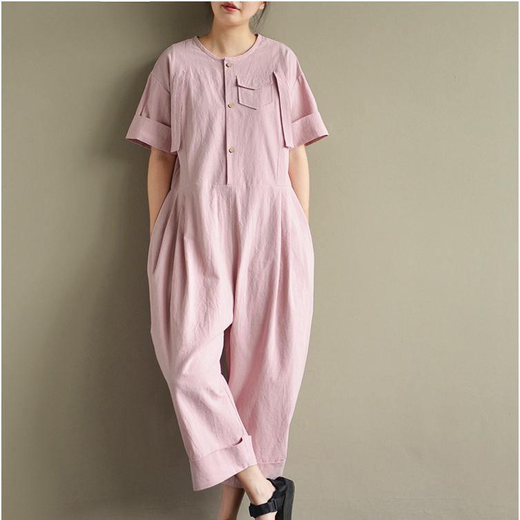 original design pink casual linen short sleeve crop jumpsuit pants - Omychic