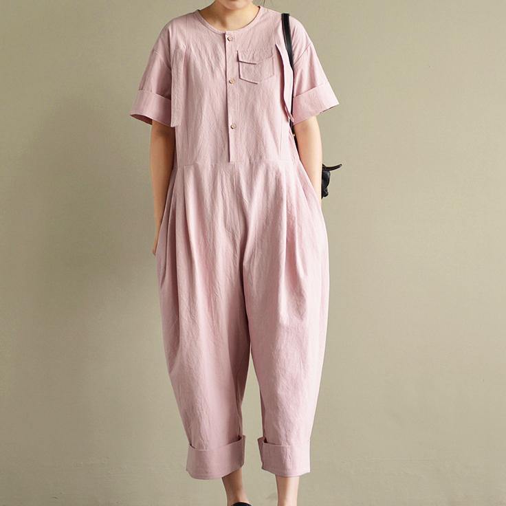 original design pink casual linen short sleeve crop jumpsuit pants - Omychic