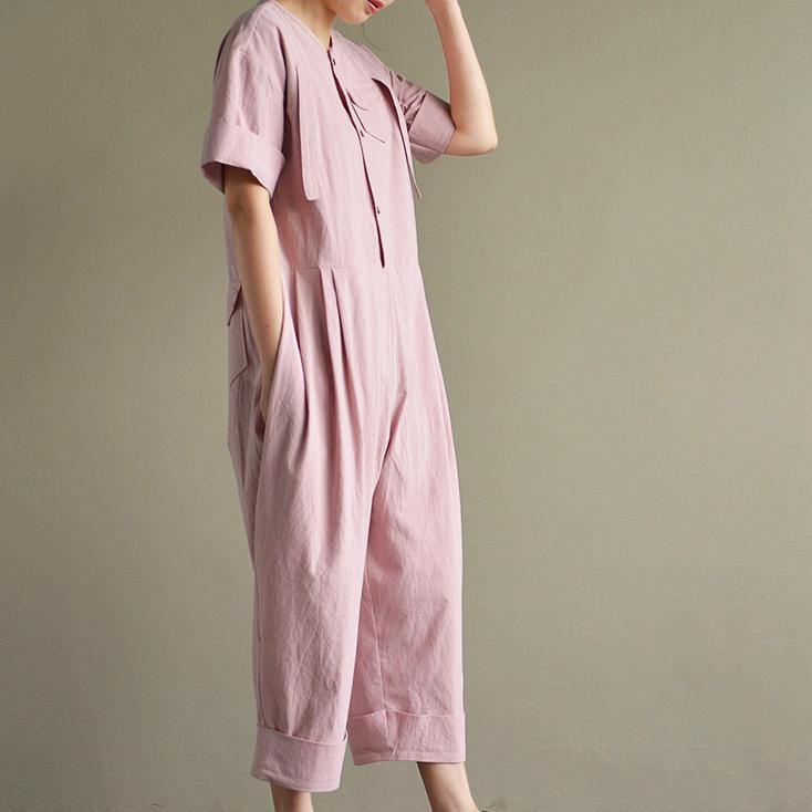 original design pink casual linen short sleeve crop jumpsuit pants - Omychic