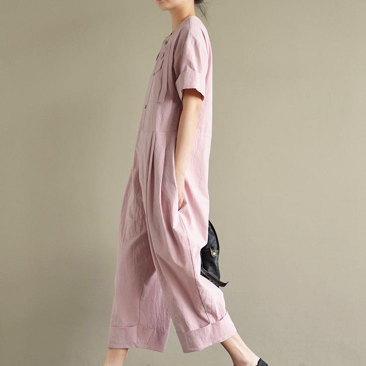 original design pink casual linen short sleeve crop jumpsuit pants - Omychic