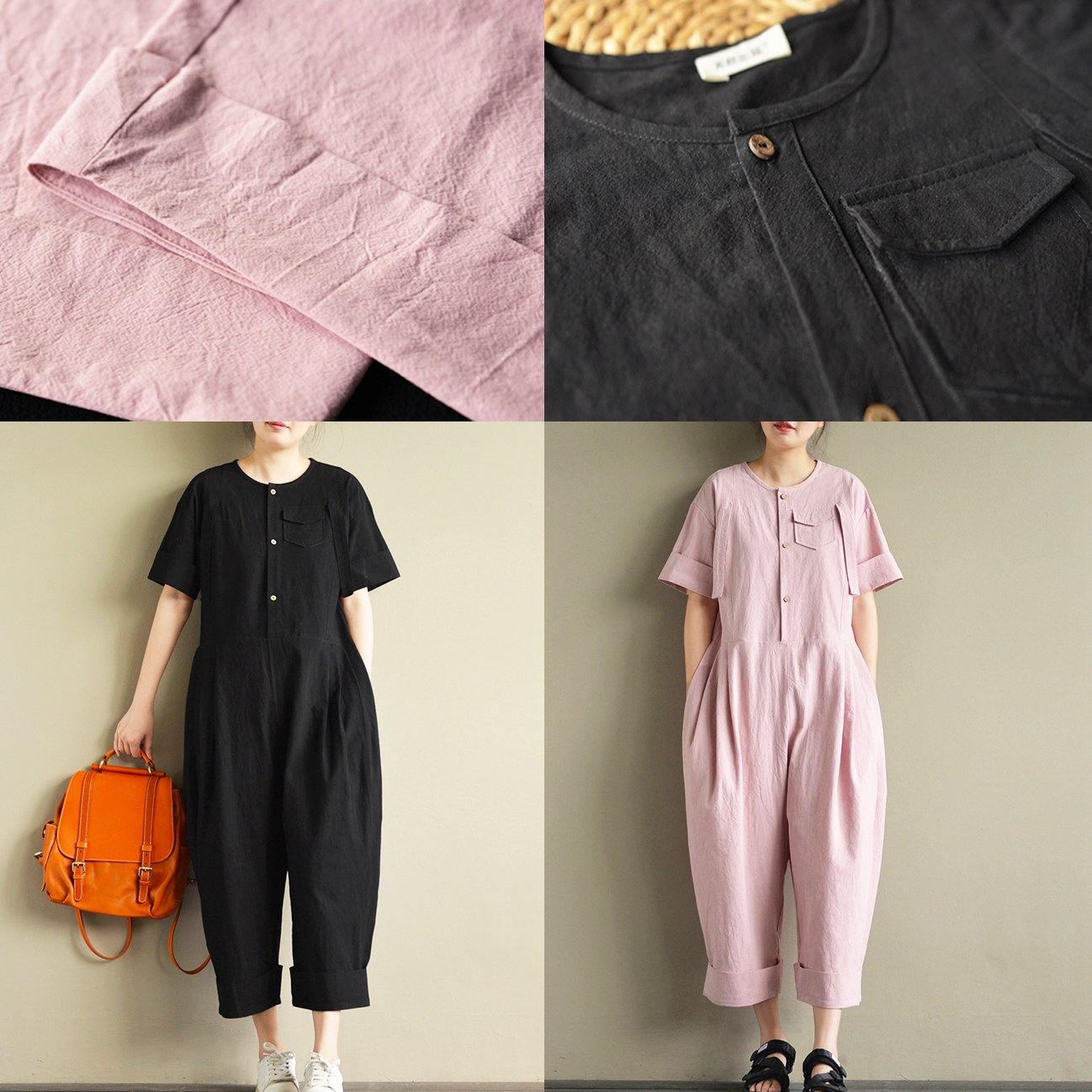 original design pink casual linen short sleeve crop jumpsuit pants - Omychic