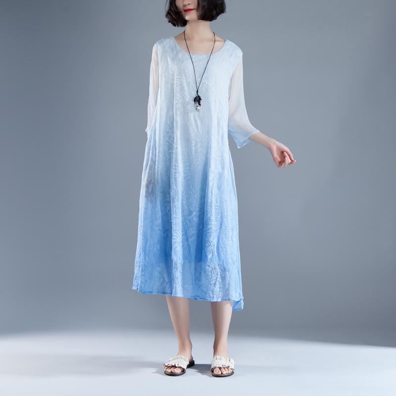 original designed beach dress Fine Summer Fake Two-piece Retro Blue Embroidery Dress - Omychic