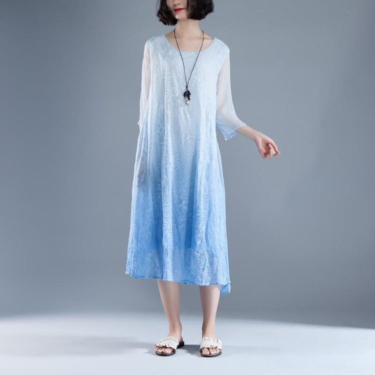 original designed beach dress Fine Summer Fake Two-piece Retro Blue Embroidery Dress - Omychic