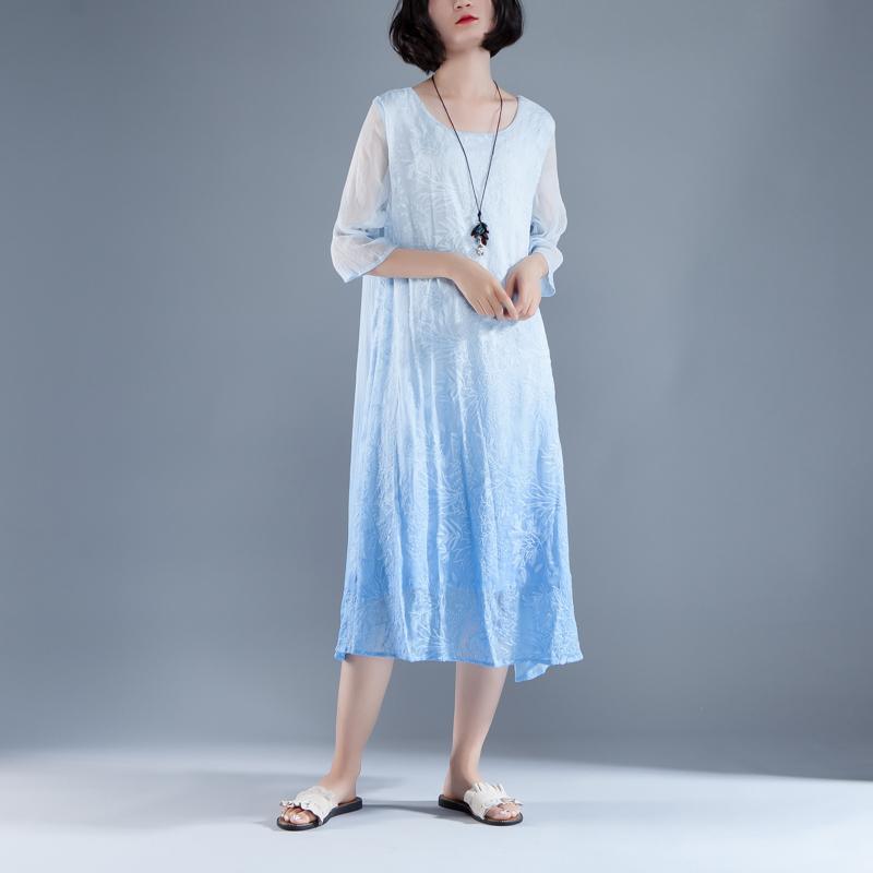 original designed beach dress Fine Summer Fake Two-piece Retro Blue Embroidery Dress - Omychic