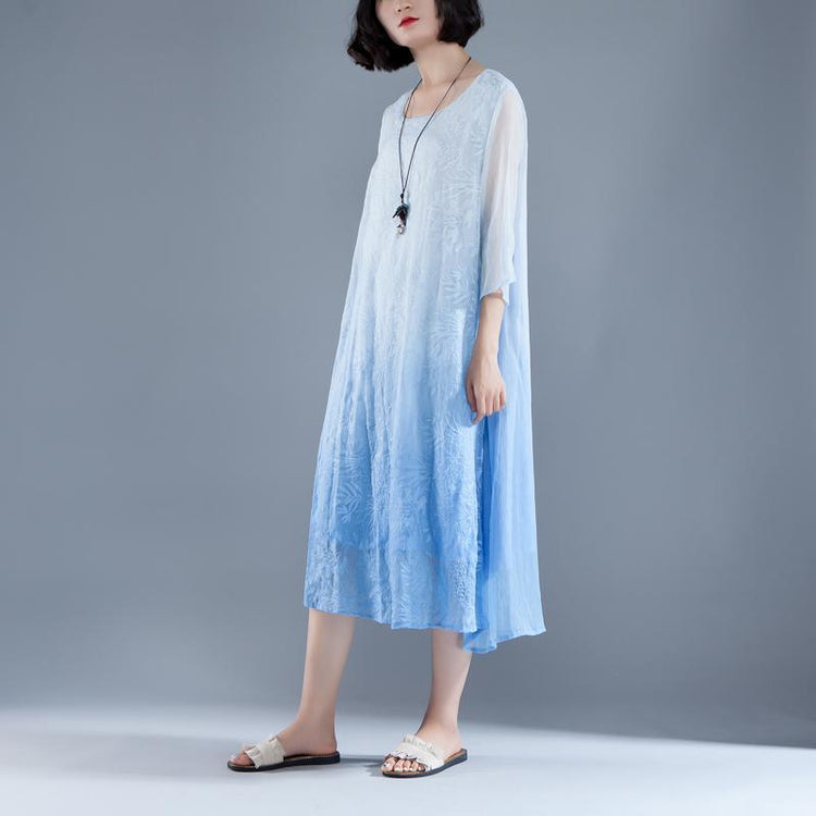 original designed beach dress Fine Summer Fake Two-piece Retro Blue Embroidery Dress - Omychic