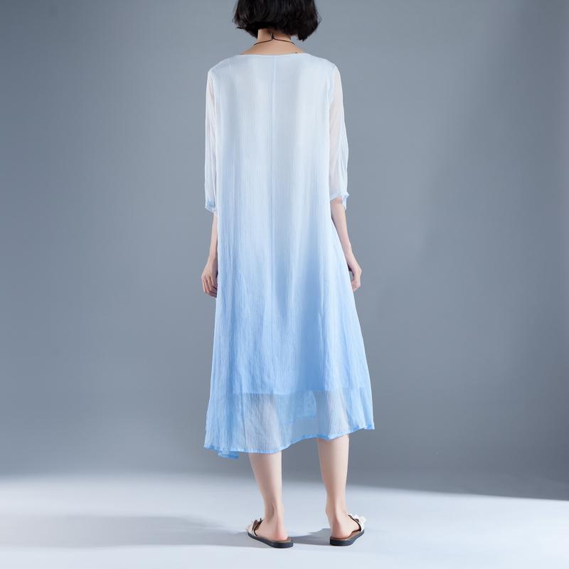 original designed beach dress Fine Summer Fake Two-piece Retro Blue Embroidery Dress - Omychic