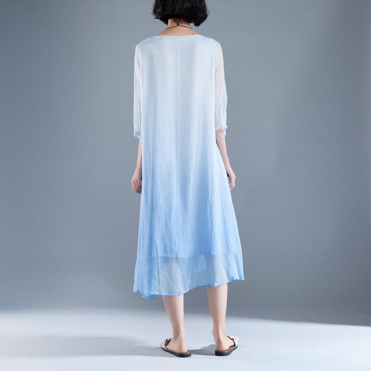 original designed beach dress Fine Summer Fake Two-piece Retro Blue Embroidery Dress - Omychic
