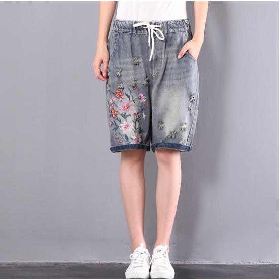 original embroidery floral shorts oversize elastic waist ripped jeans - Omychic