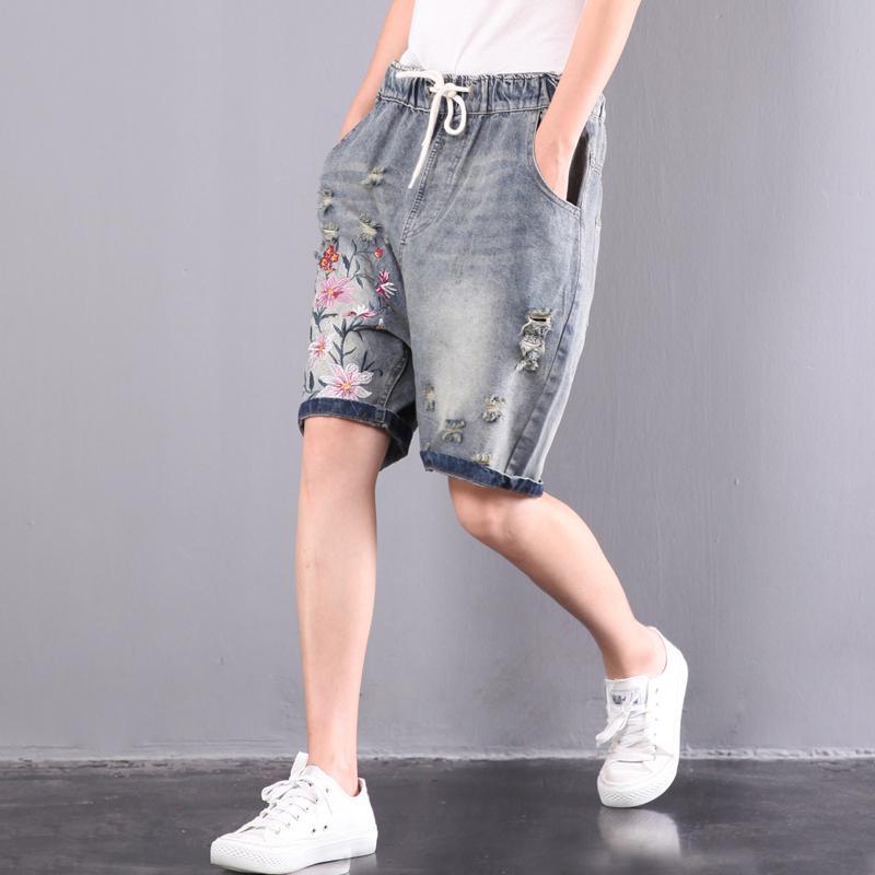 original embroidery floral shorts oversize elastic waist ripped jeans - Omychic