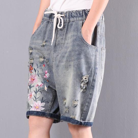original embroidery floral shorts oversize elastic waist ripped jeans - Omychic
