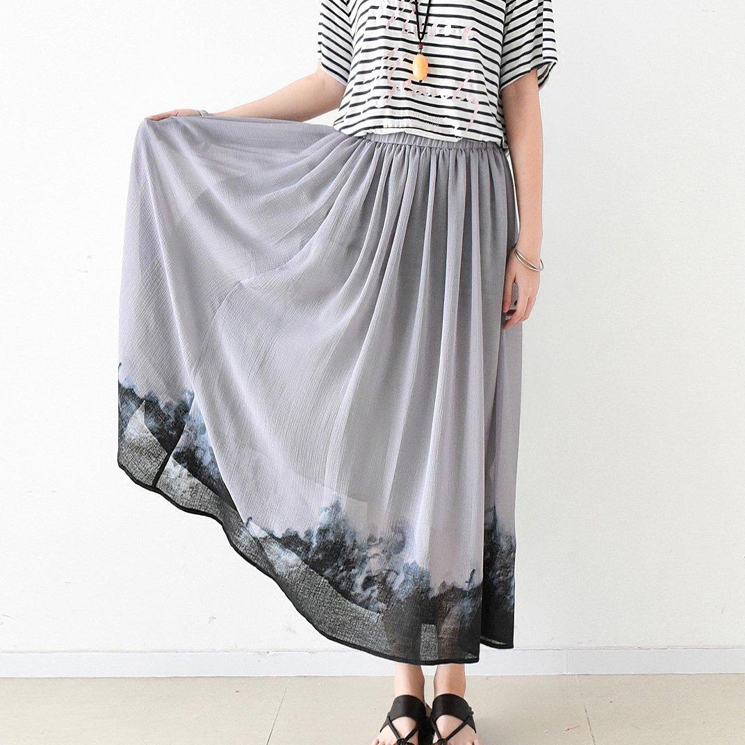 original gray beach skirts print casual large hem maxi skirts - Omychic