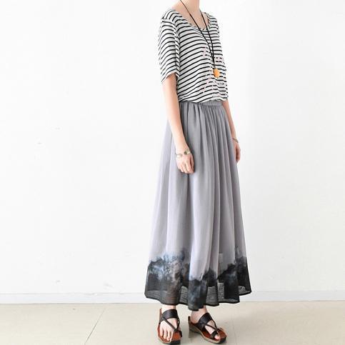 original gray beach skirts print casual large hem maxi skirts - Omychic