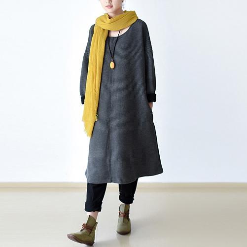 original gray cotton dresses oversize stylish warm a line dress - Omychic