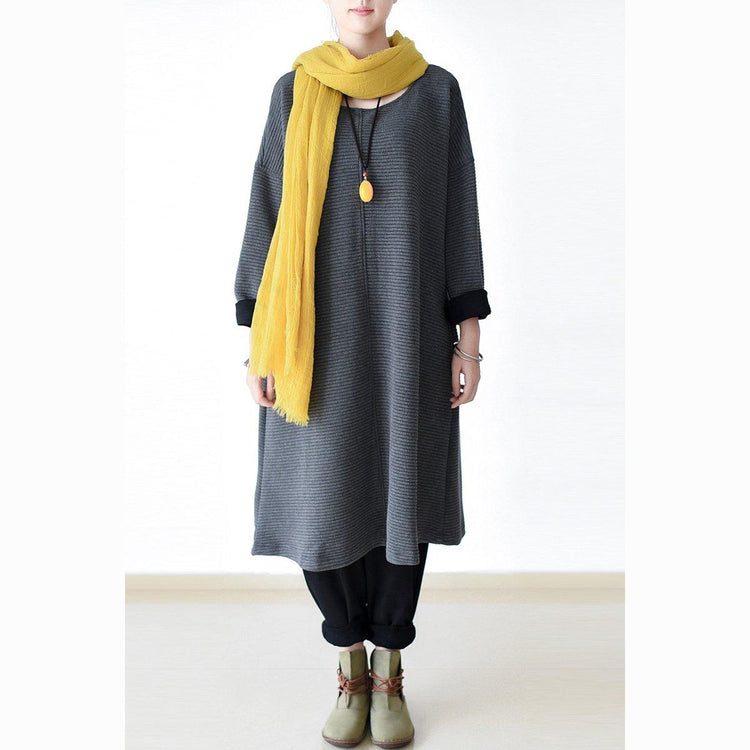 original gray cotton dresses oversize stylish warm a line dress - Omychic