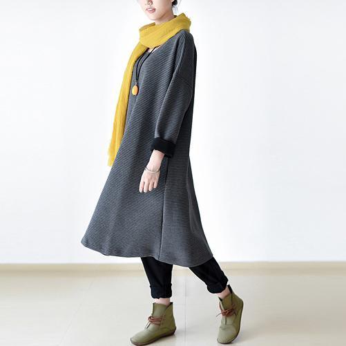 original gray cotton dresses oversize stylish warm a line dress - Omychic