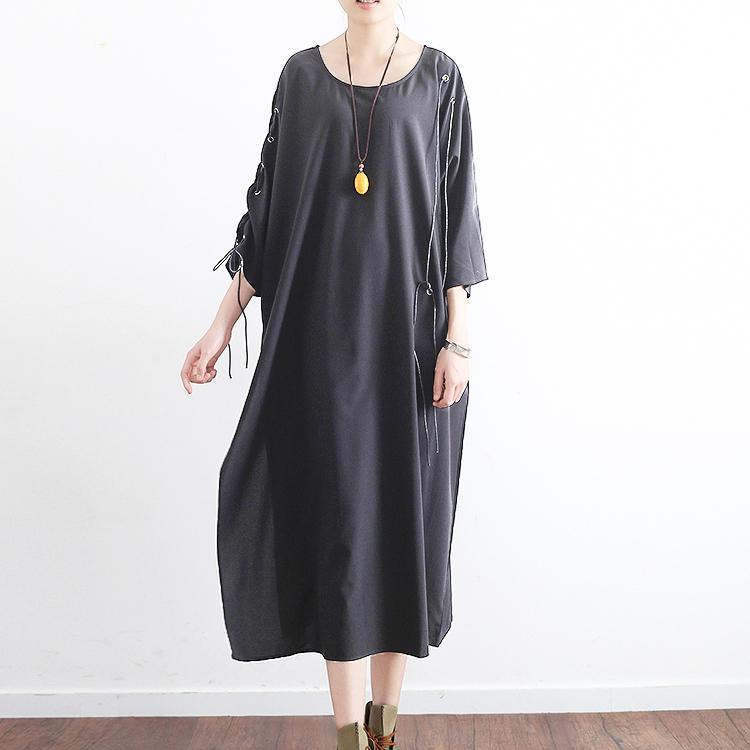 original gray cotton dresses plus size asymmetric sundress drawstring bracelet sleeved maxi dress - Omychic