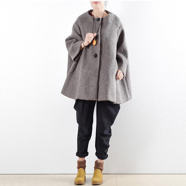 original gray winter woolen cape coats plus size causal cute jackets outwear - Omychic