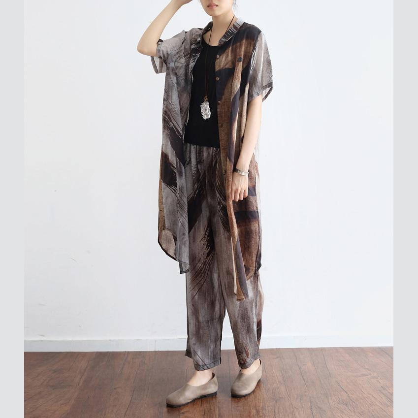 Original Khaki Gray Casual Prints Oversize Linen Shirts Tops And Pants, Two Pieces - Omychic
