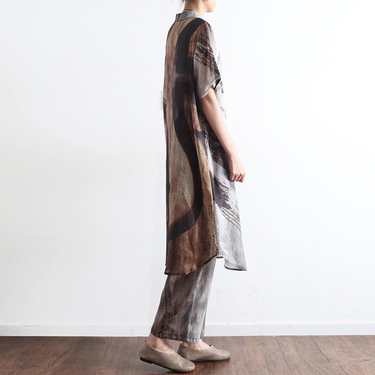 Original Khaki Gray Casual Prints Oversize Linen Shirts Tops And Pants, Two Pieces - Omychic