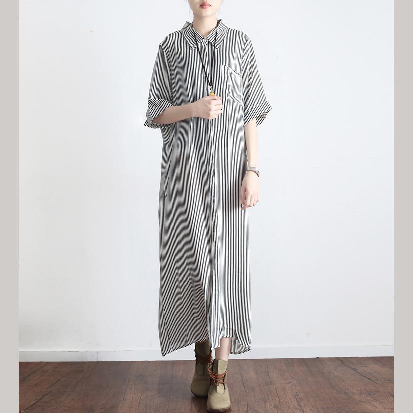 original light gray striped silk dresses oversize linen sundress turn-down collar maxi dress - Omychic