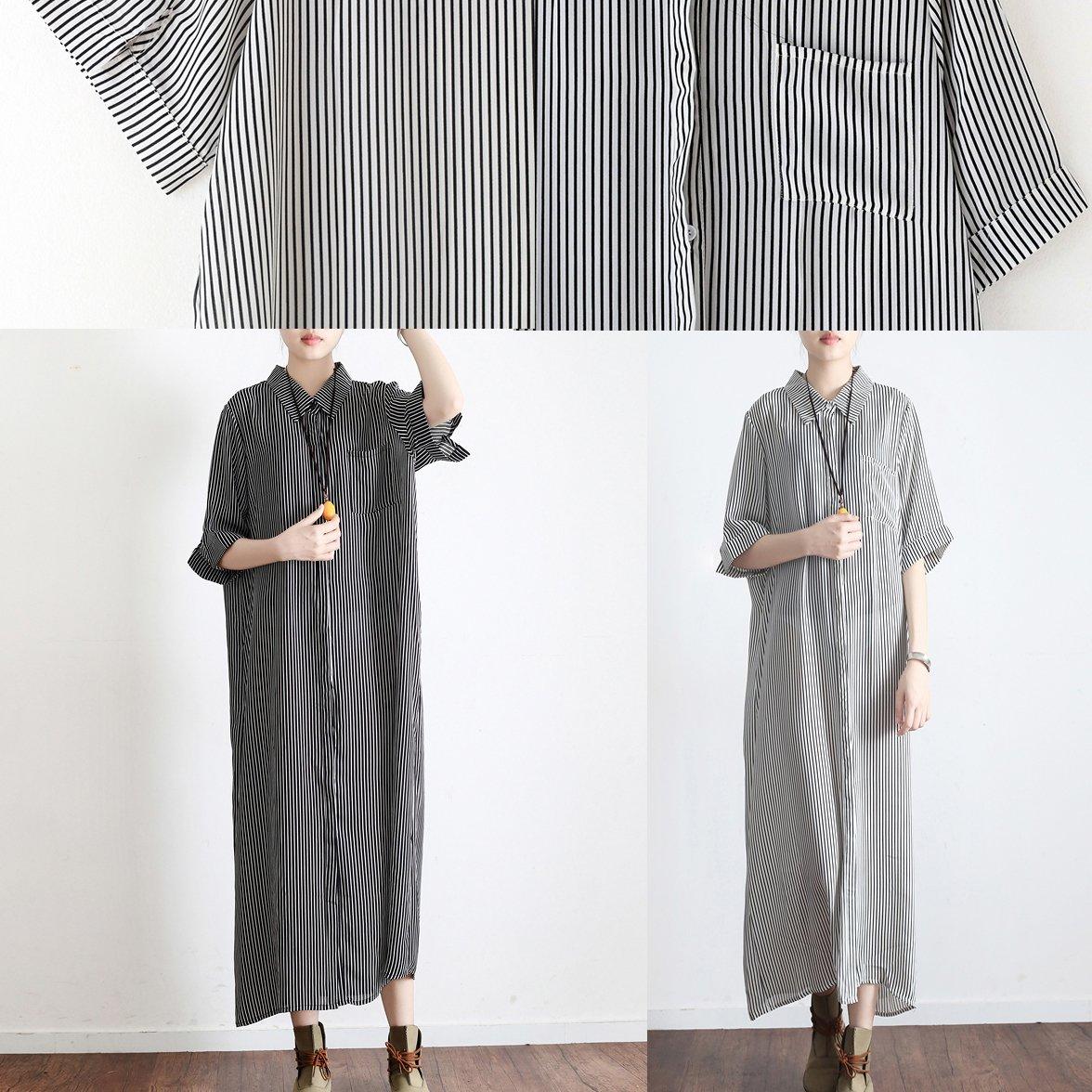 original light gray striped silk dresses oversize linen sundress turn-down collar maxi dress - Omychic