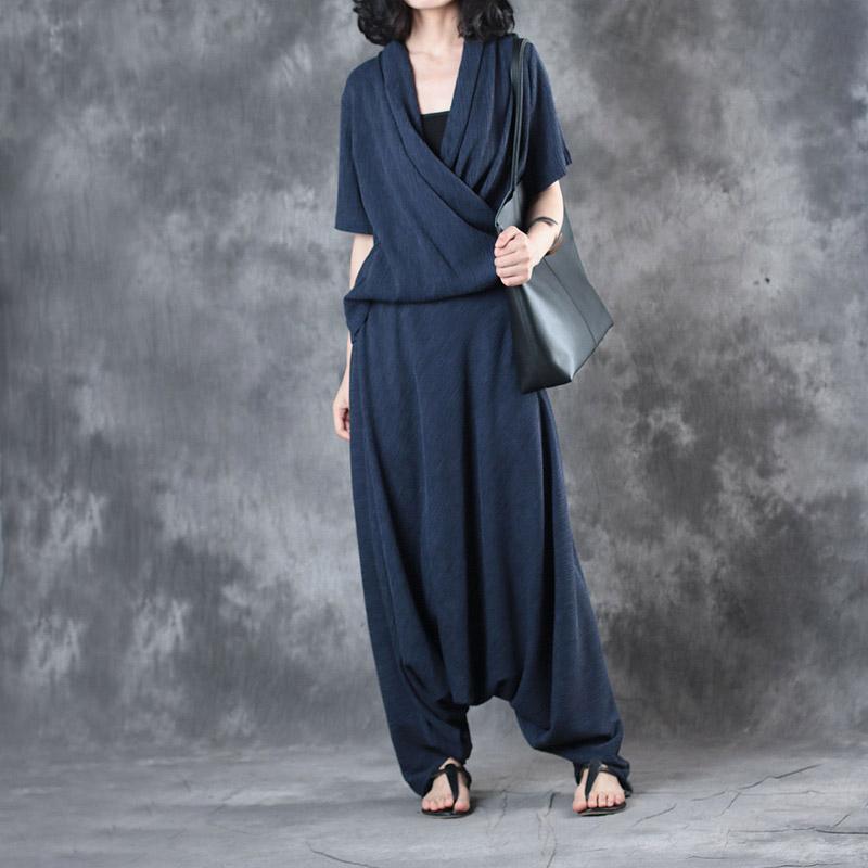 original navy V neck silk t shirt summer casual jumpsuit pants tops and pants two pieces - Omychic