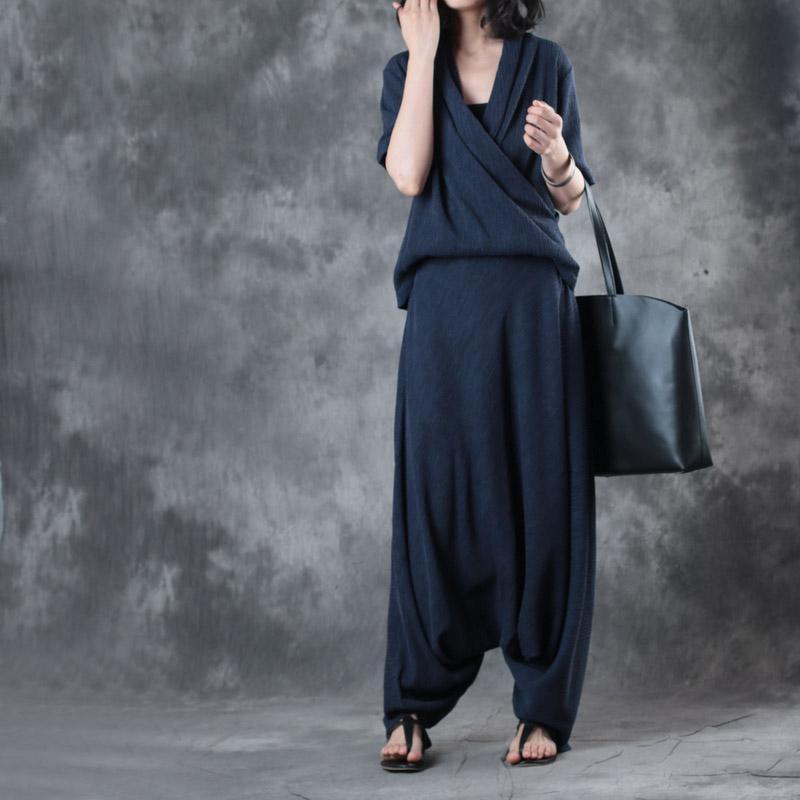 original navy V neck silk t shirt summer casual jumpsuit pants tops and pants two pieces - Omychic