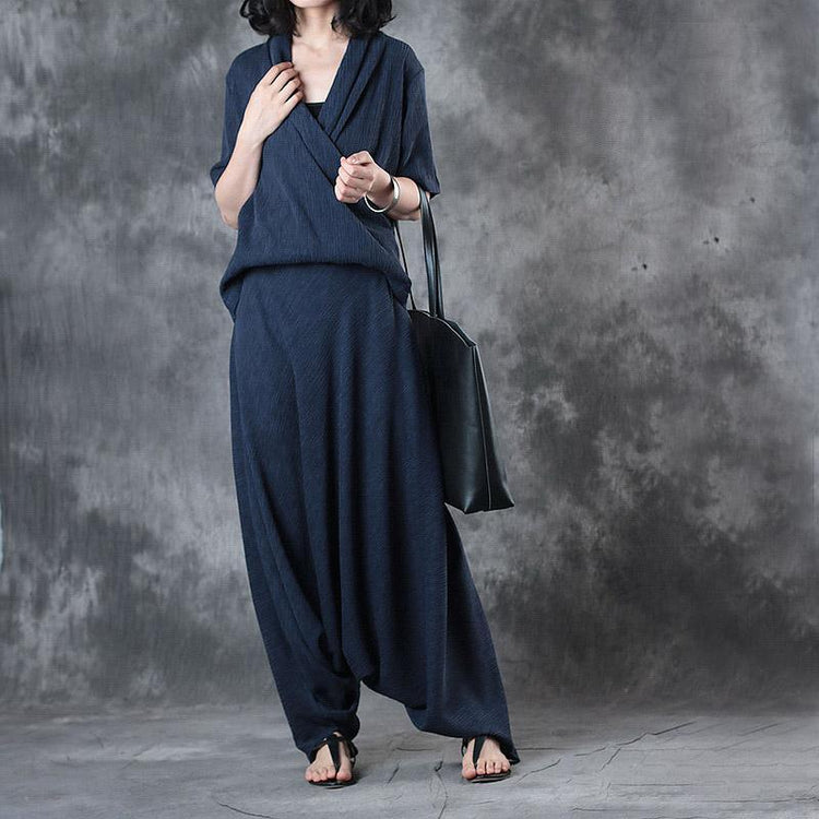 original navy V neck silk t shirt summer casual jumpsuit pants tops and pants two pieces - Omychic