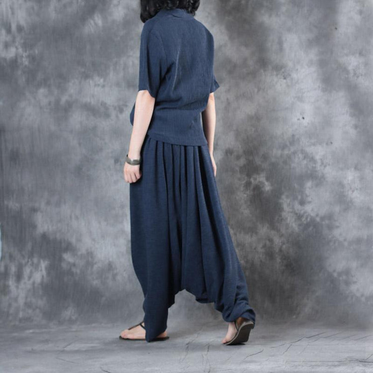 original navy V neck silk t shirt summer casual jumpsuit pants tops and pants two pieces - Omychic