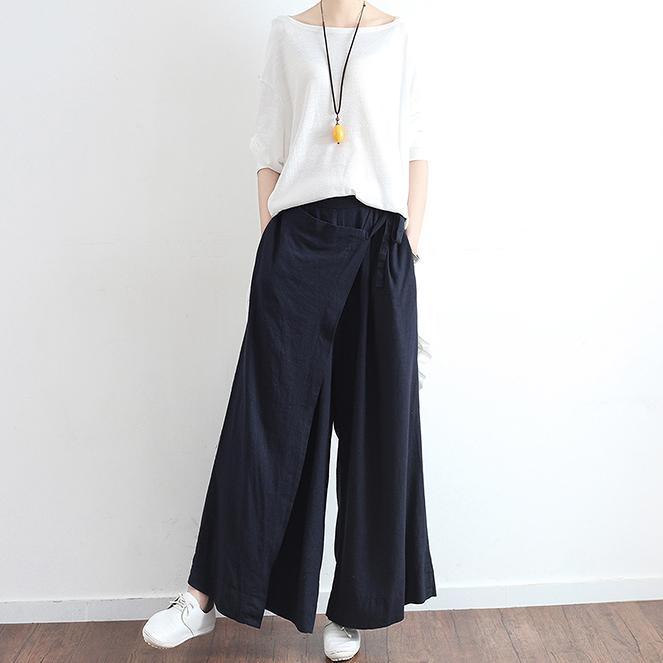 original navy casual linen pants plus size asymmetric elastic waist crop pants - Omychic