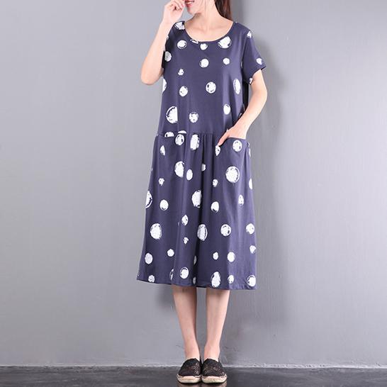 original navy large dotted print cotton dresses oversize drawstring mid dress - Omychic