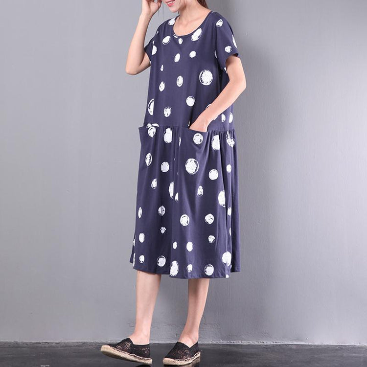 original navy large dotted print cotton dresses oversize drawstring mid dress - Omychic