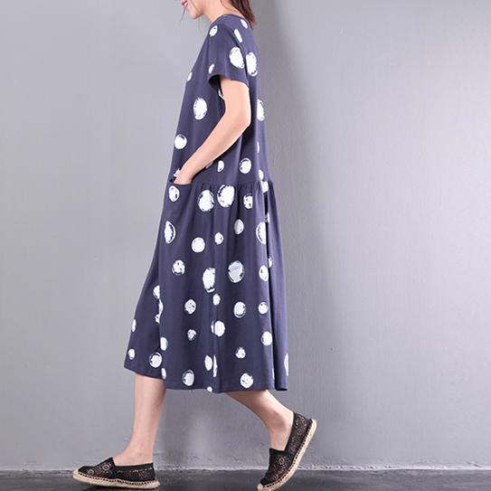 original navy large dotted print cotton dresses oversize drawstring mid dress - Omychic