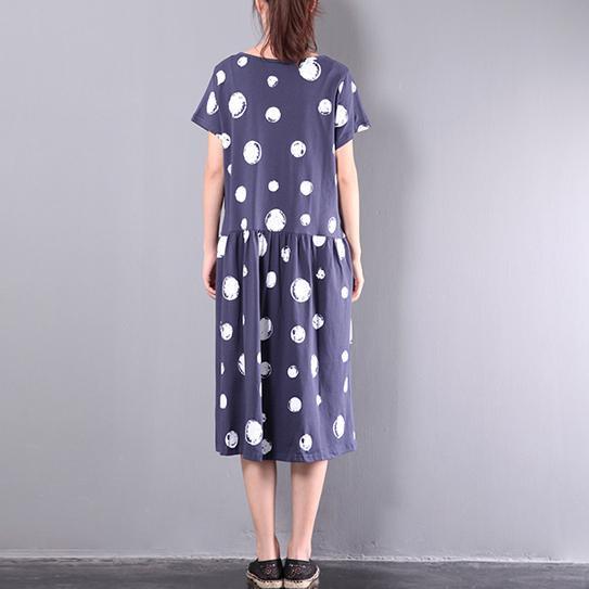 original navy large dotted print cotton dresses oversize drawstring mid dress - Omychic