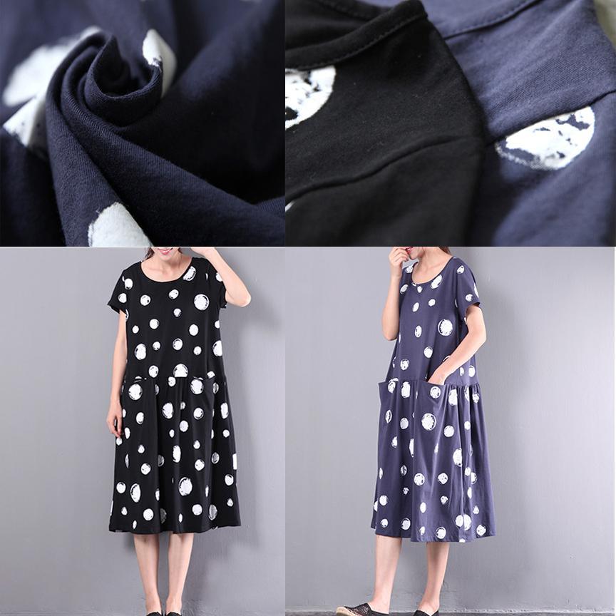 original navy large dotted print cotton dresses oversize drawstring mid dress - Omychic