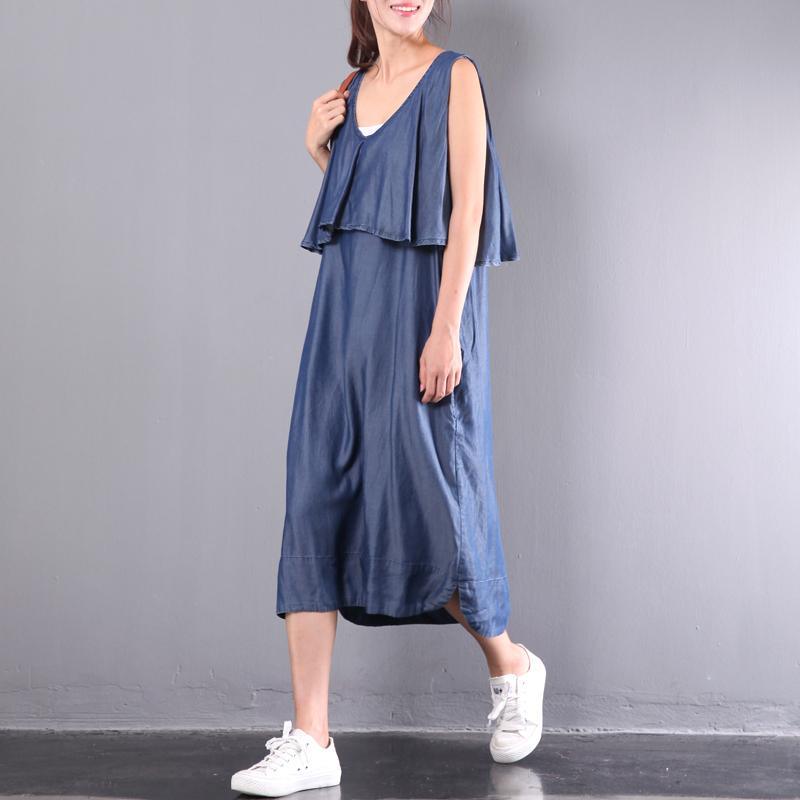 original navy stylish cotton dresses plus size ruffles sundress patchwork sleeveless maxi dress - Omychic