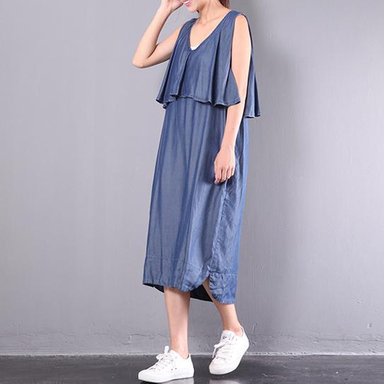 original navy stylish cotton dresses plus size ruffles sundress patchwork sleeveless maxi dress - Omychic