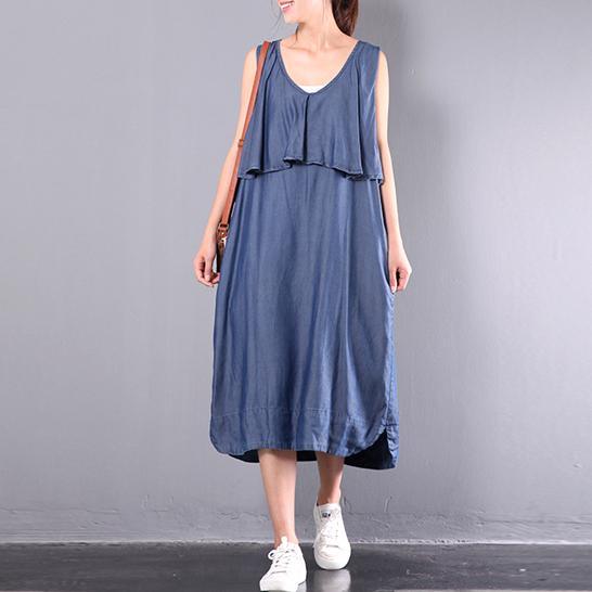 original navy stylish cotton dresses plus size ruffles sundress patchwork sleeveless maxi dress - Omychic