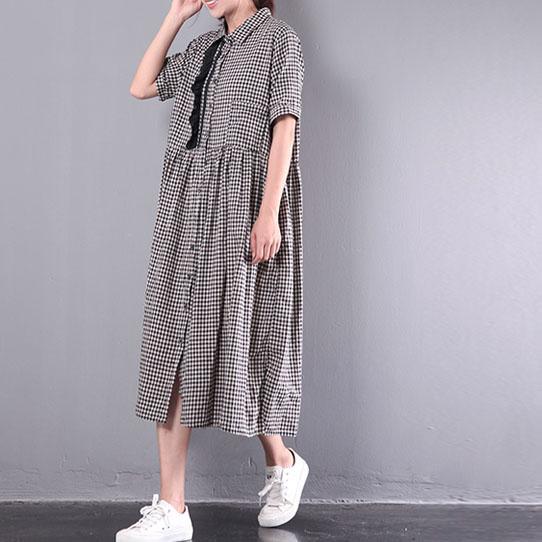 original new gray grid cotton dresses plus size lace patchwork button sundress short sleeve maxi dress - Omychic