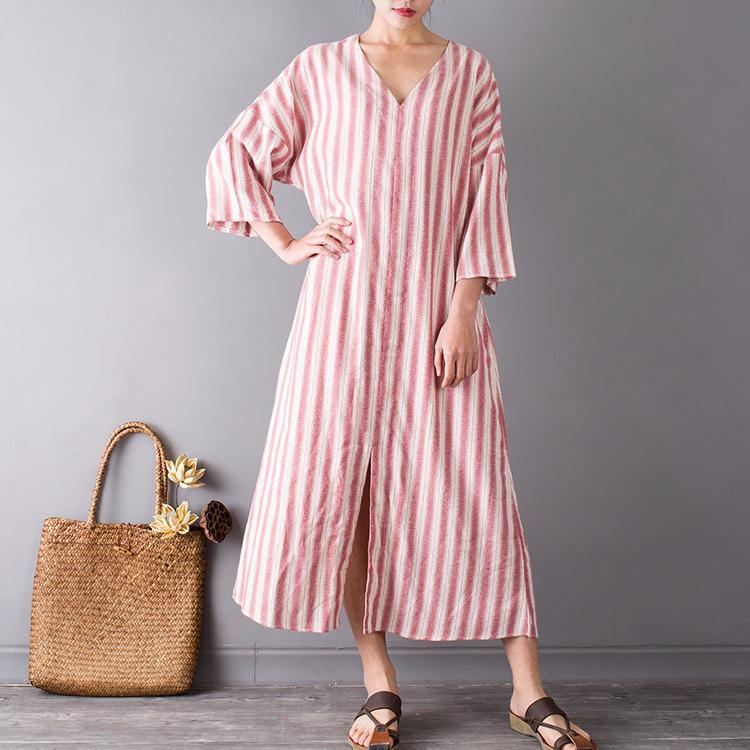 original pink striped cotton dresses plus size casual v neck maxi dress front side open - Omychic