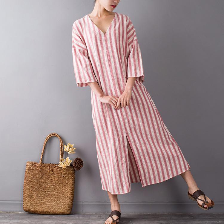 original pink striped cotton dresses plus size casual v neck maxi dress front side open - Omychic