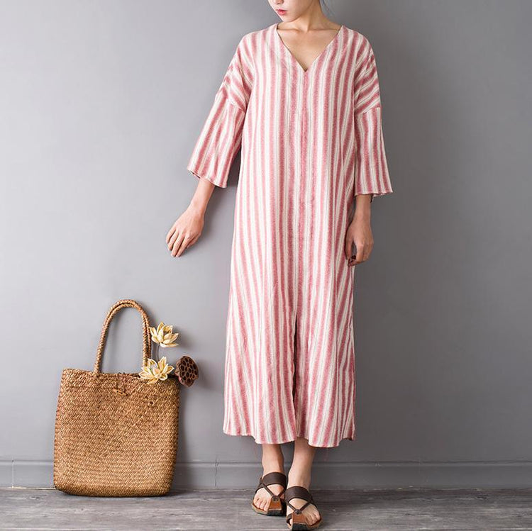 original pink striped cotton dresses plus size casual v neck maxi dress front side open - Omychic