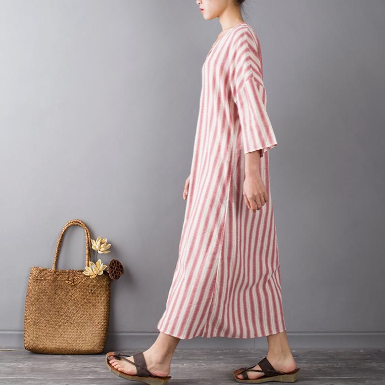 original pink striped cotton dresses plus size casual v neck maxi dress front side open - Omychic