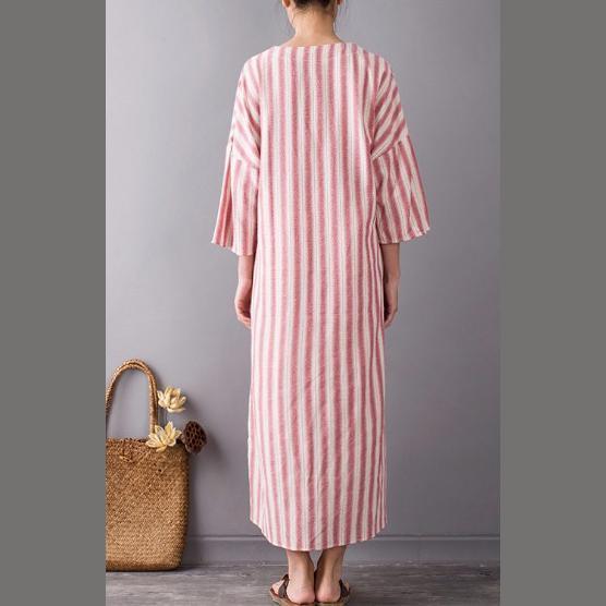 original pink striped cotton dresses plus size casual v neck maxi dress front side open - Omychic