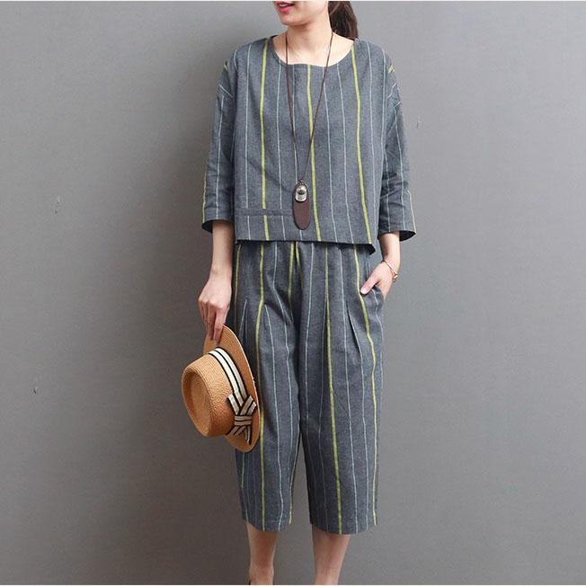 original striped cotton tops casual loose pant summer bracelet sleeved tops and pants two pieces - Omychic