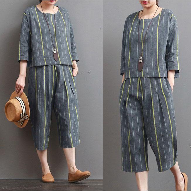 original striped cotton tops casual loose pant summer bracelet sleeved tops and pants two pieces - Omychic