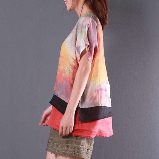 original summer multi casual patchwork linen tops layered oversize t shirt - Omychic