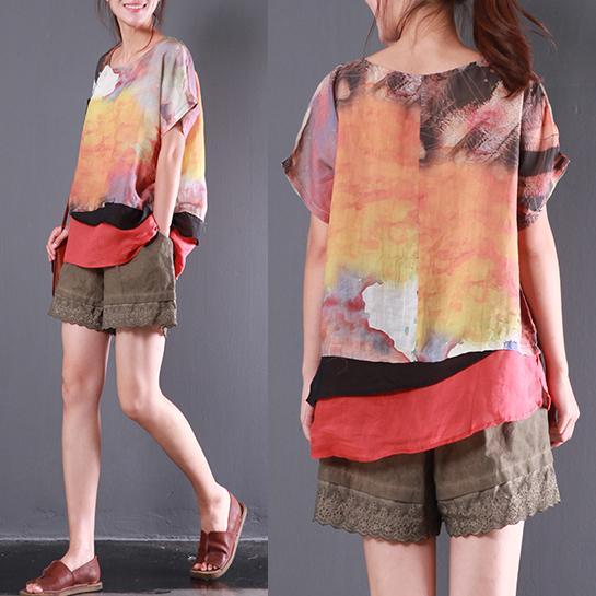 original summer multi casual patchwork linen tops layered oversize t shirt - Omychic