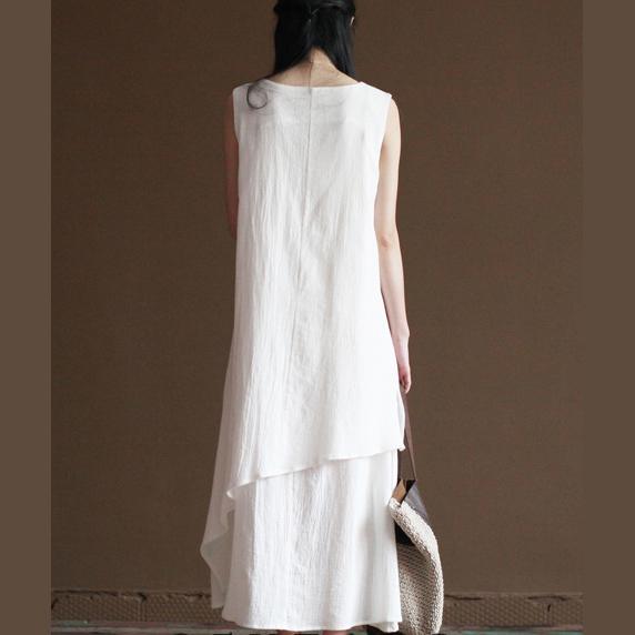 original white layered flowy linen sundress summer maxi dresses - Omychic